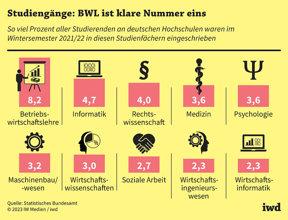 So viel Prozent aller Studierenden an deutschen Hochschulen waren im Wintersemester 2021/22 in diesen Studienfächern eingeschrieben