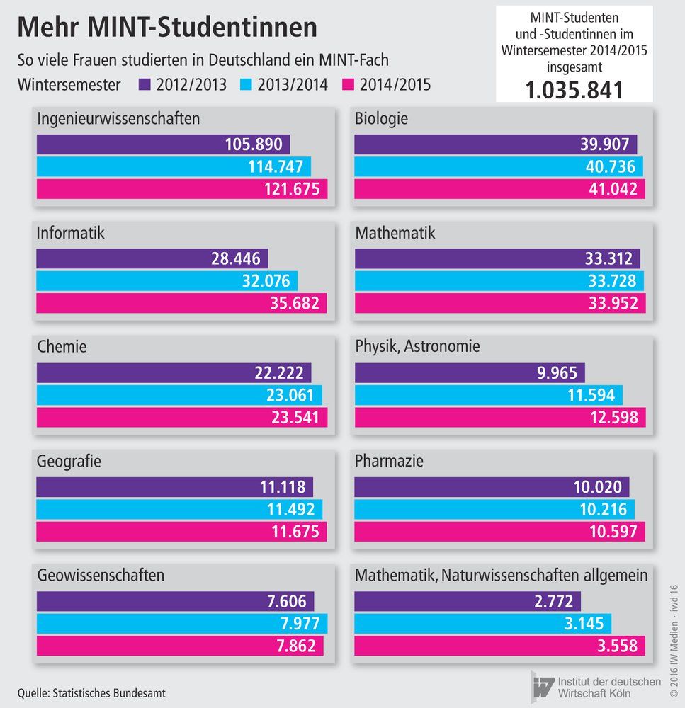 So viele Frauen studierten in Deutschland zwischen 2012 und 2015 ein MINT-Fach