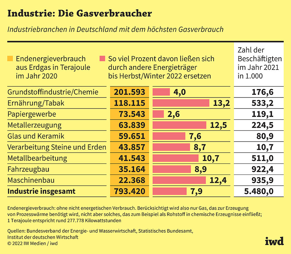 Industriebranchen in Deutschland mit dem höchsten Gasverbrauch