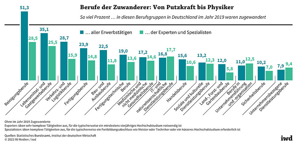 So viel Prozent aller Erwerbstätigen bzw. der Experten und Spezialisten in diesen Berufsgruppen in Deutschland im Jahr 2019 waren zugewandert