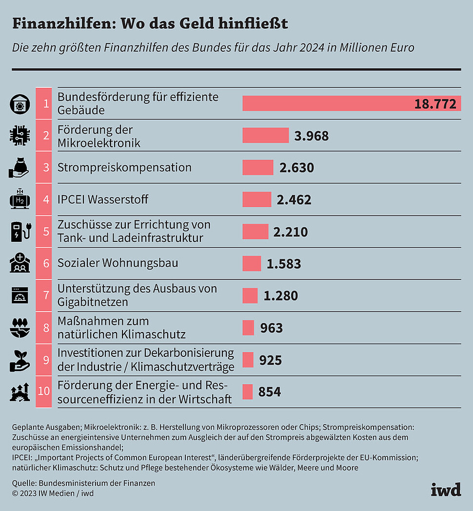 Die zehn größten Finanzhilfen des Bundes für das Jahr 2024 in Millionen Euro