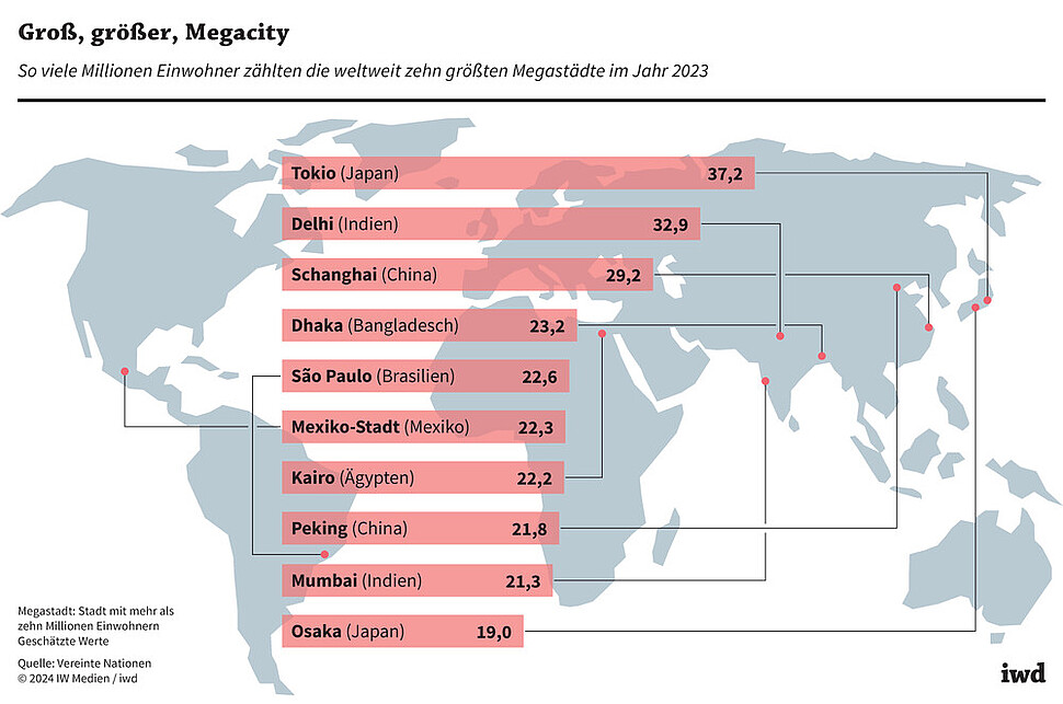 So viele Millionen Einwohner zählten die weltweit zehn größten Megastädte im Jahr 2023