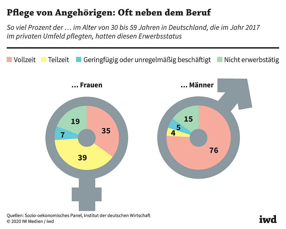 So viel Prozent der Frauen bzw. Männer im Alter von 30 bis 59 Jahren in Deutschland, die im Jahr 2017 im privaten Umfeld pflegten, hatten diesen Erwerbsstatus