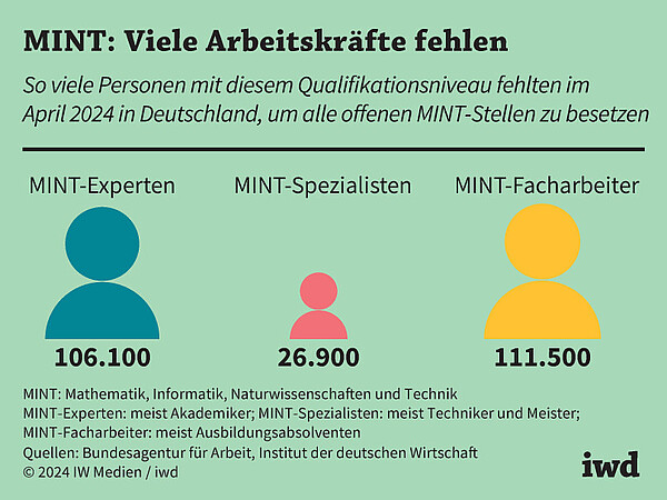 So viele Personen mit diesem Qualifikationsniveau fehlten im April 2024 in Deutschland, um alle offenen MINT-Stellen zu besetzen